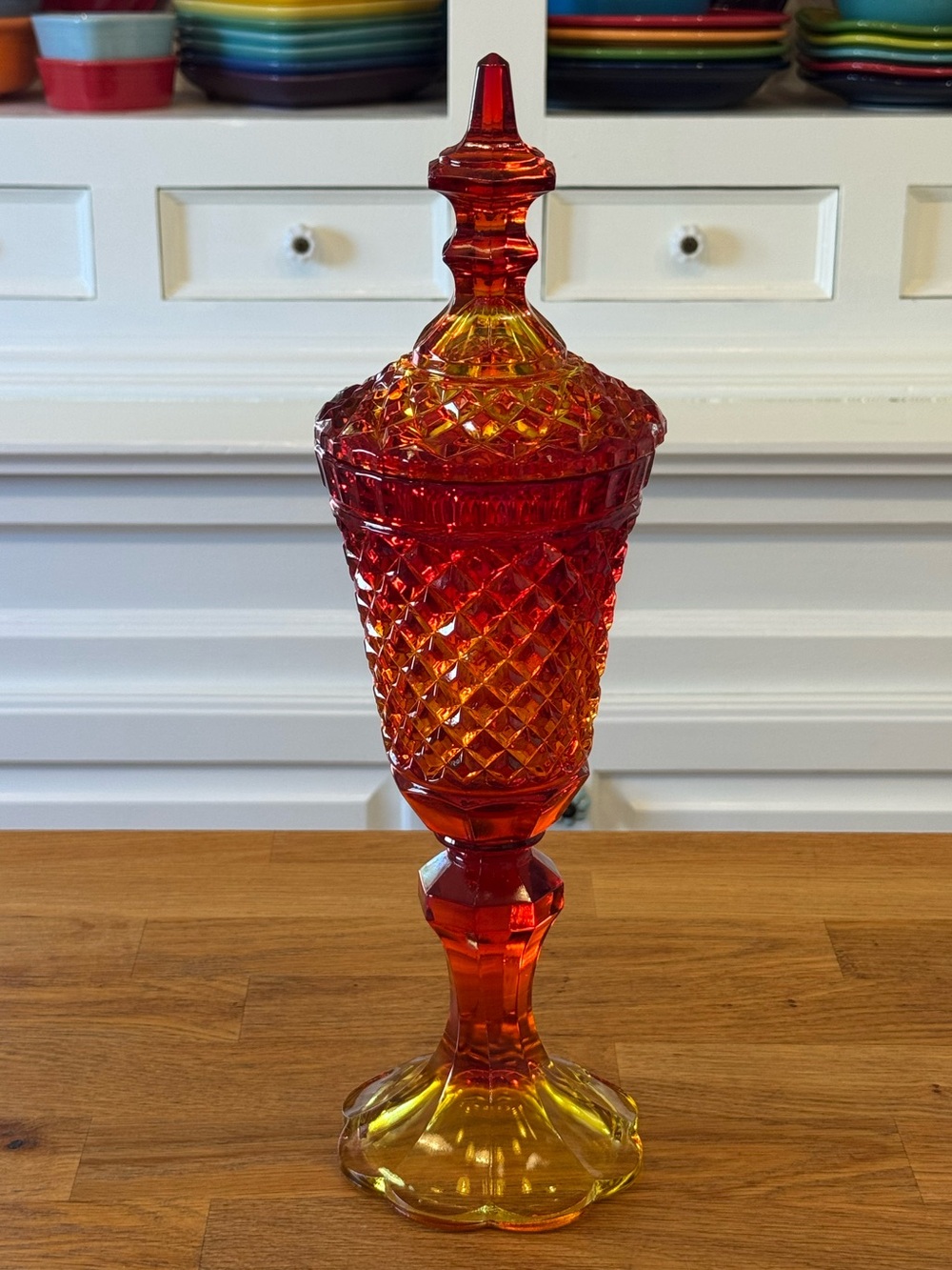 ✨🍊 Vintage Amberina Diamond Point Apothecary Jar | Glass Red-to-Amber Candy Dish